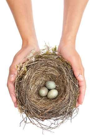 Young woman holding blackbird nest over white backgroundの写真素材