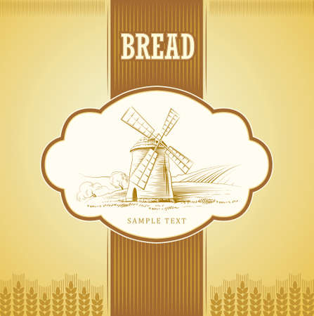 Vector mill on field  labels, pack for bread, spaghetti, pastaのイラスト素材