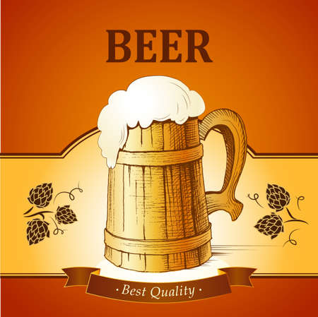 Barrel mug with wheat and hops. Vectorのイラスト素材