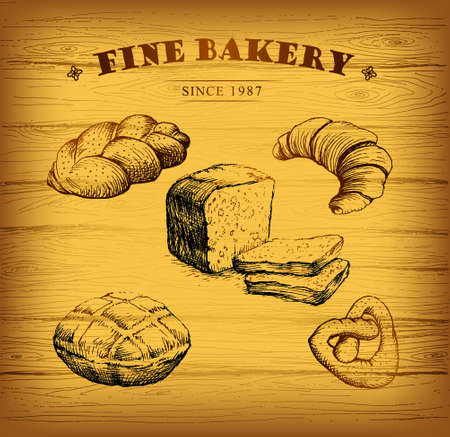 Bakery.  label for loaf, baked goods, croissant, cupcake, bagel. background wooden.のイラスト素材