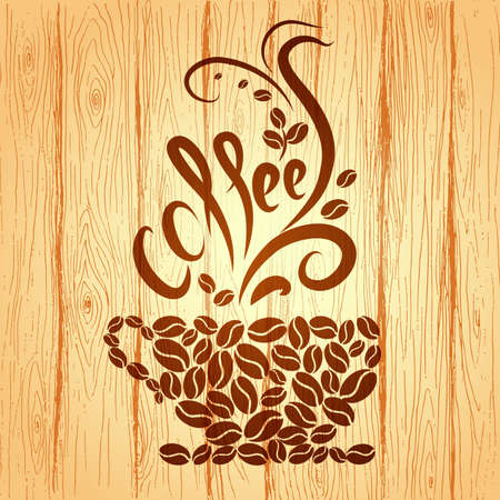 Cup of coffee with floral design elements on a wooden background.のイラスト素材