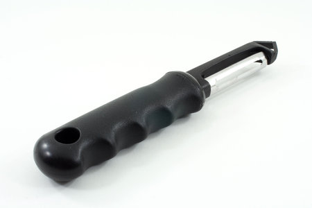 vegetable peeler with a black handle on a white background.