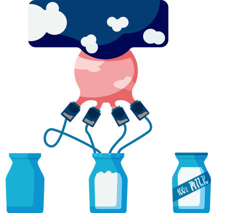 Automatic milking a cow. Illustration of full milk udder. Milking machineのイラスト素材