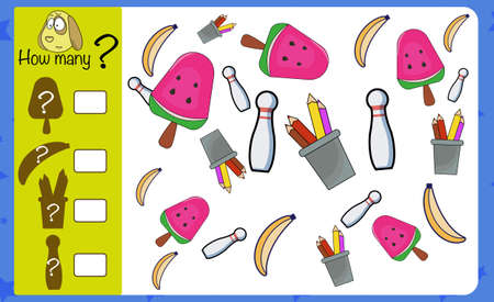 Puzzle game for children. How many objects. Preschool worksheet activity for kids. Education game, iq test, count.のイラスト素材