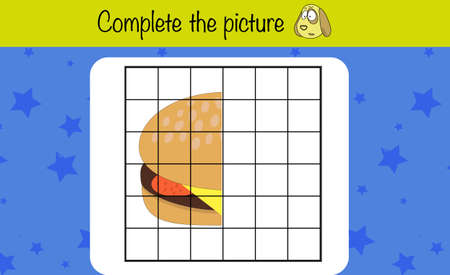 Puzzle game for children. Complete the picture. Preschool printable worksheet activity for kids. Education game, iq test, brain trainingのイラスト素材