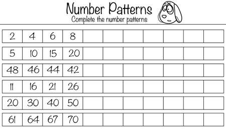 Puzzle game for children. Complete the number patterns. Preschool printable worksheet activity for kids. Education game, iq test, brain trainingのイラスト素材