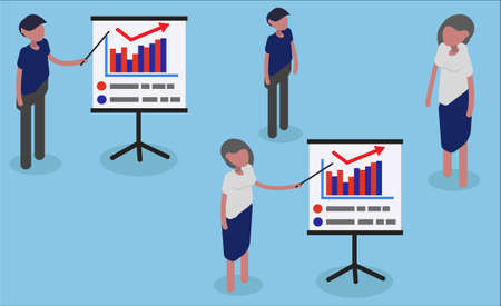 Leaders giving presentation flat character. Woman and man presenting project cartoon illustration. Office worker near whiteboard with graphs diagrams. Business mentor, coach on seminar, annual reportのイラスト素材