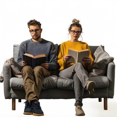 man and woman caucasian adult couple reading books at home on sofa bed isolated on white background, text area, png. isolated with white highlightsの素材