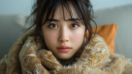 young Asian woman suffering from flu symptoms, covered with a blanket on a sofa. concept of illness, healthcare isolated on white background, vintage, png. isolated with white highlightsの素材