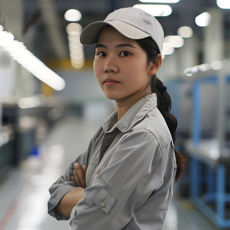 the portrait of a female supervisor stands confidently on the factory line, overseeing the production process isolated on white background, minimalism, png. isolated with white highlightsの素材