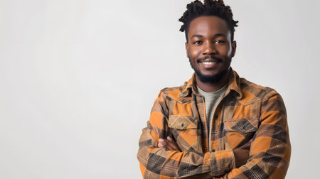 waist up portrait of cheerful factory worker looking at camera while posing in workshop standing with arms crossed isolated on white background, png. isolated with white highlightsの素材