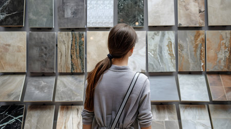 young woman buyer selects ceramic tiles from samples in hardware store isolated on white background, cinematic, png. isolated with white highlightsの素材
