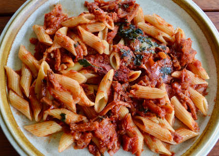 Pepperoni pasta served on a plateの写真素材