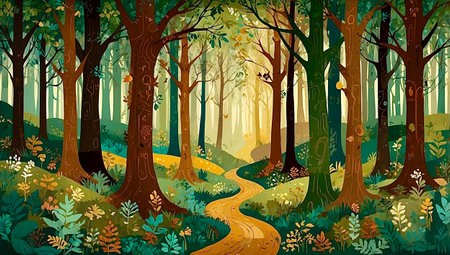Forest landscape with a path in the woods. Vector cartoon illustration.の素材