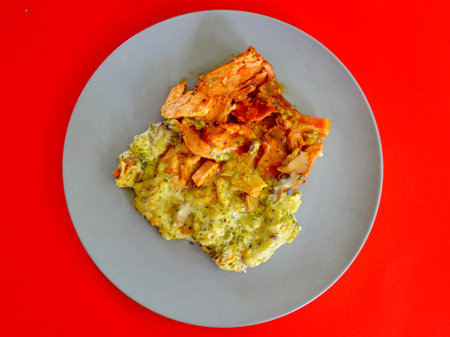 Fried salmon with pesto sauce on a plate on a red backgroundの写真素材