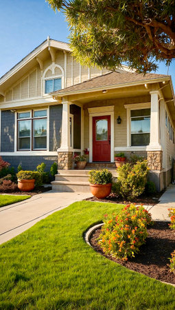 Beautiful house exterior with green yard and flower bed. Northwest, USAの素材