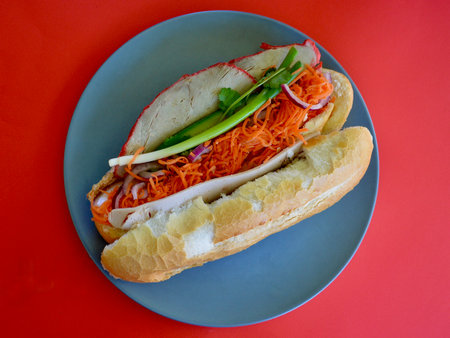 A Vietnamese style pork roll with vegetables, coriander,  vegetables on a blue plate.の写真素材