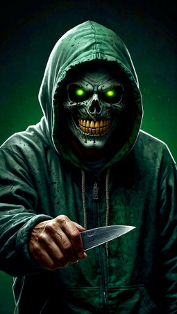 Man with a knife in a green hood on a dark background.の素材