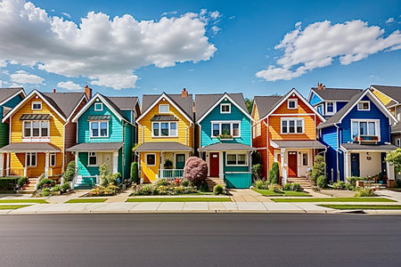 Row of colorful houses in suburb of Montreal, Quebec, Canada.の素材