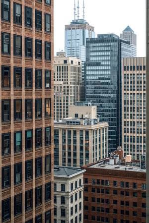 A skyline in a fictitious modern city highlighting different styles of architecture.の素材