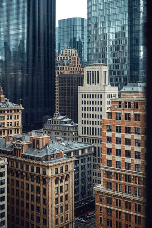 A skyline in a fictitious modern city highlighting different styles of architecture.の素材