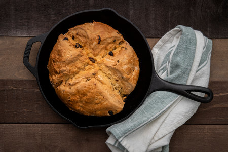 Photograph of Irish Soda Bread baked in a cast iron skillet for Saint Patrick's Dayの写真素材