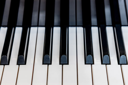 A detailed close-up photograph of black and white piano keys, showcasing the clean symmetry and...