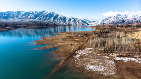 potrerillos dam landscape on a snowy dayの写真素材
