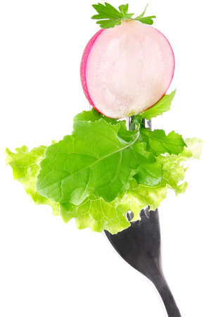 radish lettuce and rucola on fork isolated white backgroundの写真素材