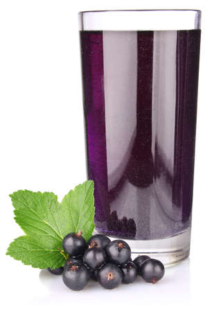 black currant with juice and green leaf isolated on white backgroundの写真素材