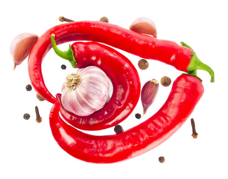 Still life of burning spices, isolated on white background