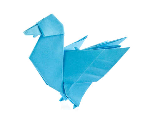 Blue duck of origami, isolated on white backgroundの写真素材