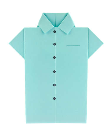 Blue shirt with buttons of origami, isolated on white background.の写真素材