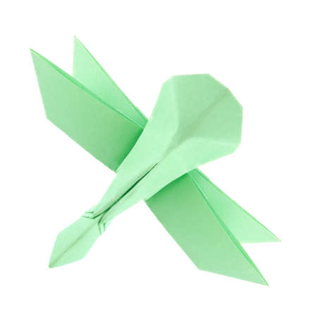 Green dragonfly of origami, isolated white background.の写真素材