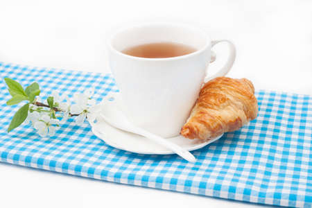 Tea cup with croissant and a sprig of cherry blossoms on red checkered napkin on white backgroundの写真素材