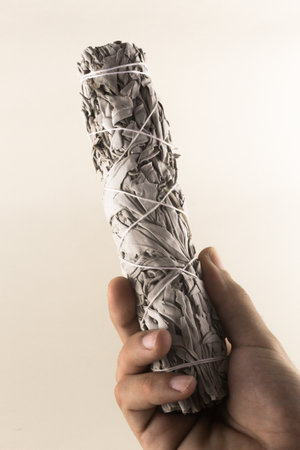 A close up image of a burning incense stick and smoke from incense burning. Beautiful smoke. Stick used for energy clearing and healing. White sage.の写真素材