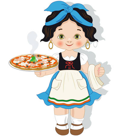 Girl cook with small Italian pizza Vector illustration.のイラスト素材