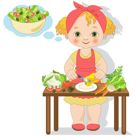 Little girl is preparing a saladのイラスト素材