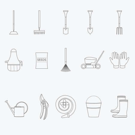 Gardening tools line icons set. Vector illustration of garden tools. Simple outlined icons. Linear styleのイラスト素材