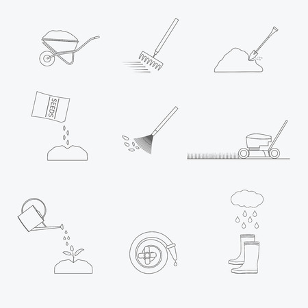 Gardening tools line icons set. Vector illustration of garden tools. Simple outlined icons. Linear styleのイラスト素材