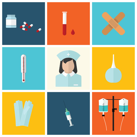 Medical flat icon set with nurse, vector design elementsのイラスト素材