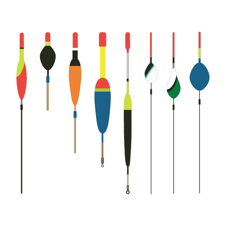 Fishing bobbers flat icons vector illustration. Fishing tools, fishing bobs, fishing icons. Fishing tools and fishing icons. Fishing symbols. Fishing design elements. Fishing hobby icons. Bobber iconsのイラスト素材