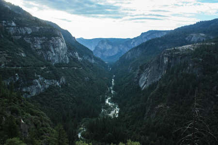 Yosemite Valley as seen from a lookout over the valley with a crystal clear river winding through the pine forest. Yosemite National Park, California.の写真素材