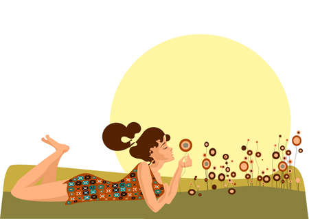 in the grass.  illustration of a woman resting on the meadow grasses. のイラスト素材