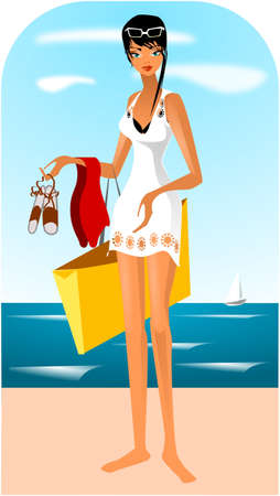 Illustration of a woman in a white dress on the beach.のイラスト素材