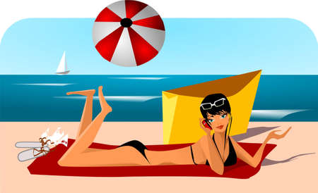  vacation.Illustration of a woman in a white dress on the beach.のイラスト素材