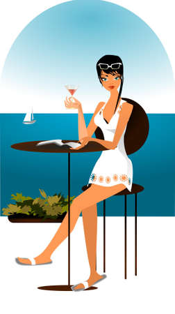 Holidays  Illustration of a woman in a white dress with a glass of wine in hand.のイラスト素材