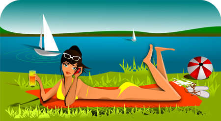 6 Holiday  figure woman lying on a towel and sunbathing. のイラスト素材