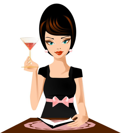 Illustration of a woman with a glass with a glass of wine in hand.のイラスト素材