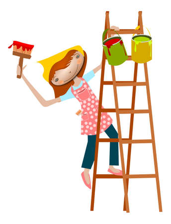 Painter girl. Illustration of a girl on a ladder with paint and brush. のイラスト素材